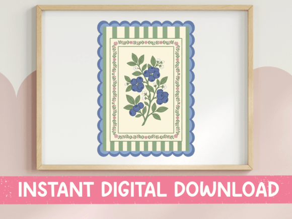 Blueberry Botanical Scalloped Print: A Vintage Design Asset