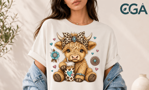 Charming Highland Cow Iced Coffee Western Bow PNG for Your Designs